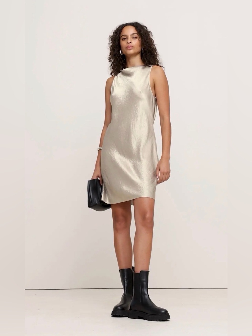 Banana Republic Crinkle Satin Shift Dress Gold Champagne Size Medium NWT $150